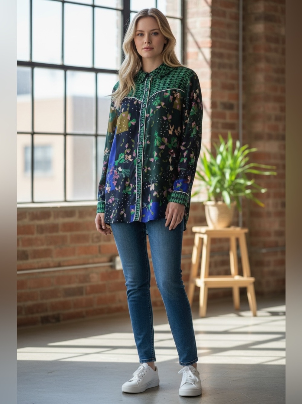 CAbi Colorful Patchwork Floral Button-Down in Green, Navy & Mustard, M